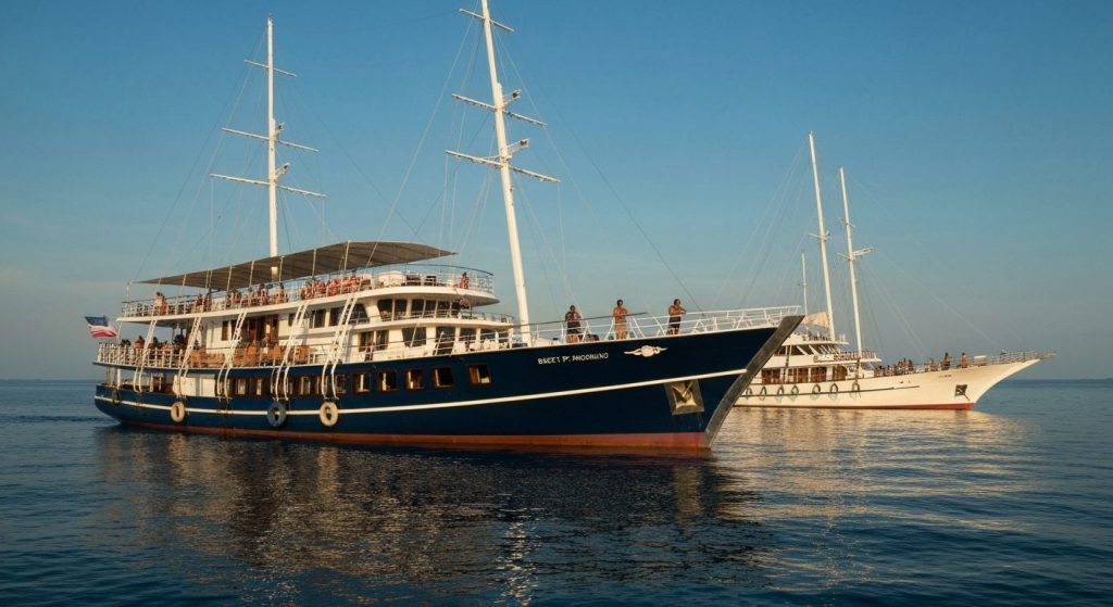 best phinisi boats komodo comparison fleet — Photorealistic editorial travel photograph relevant to: The exact-match aut