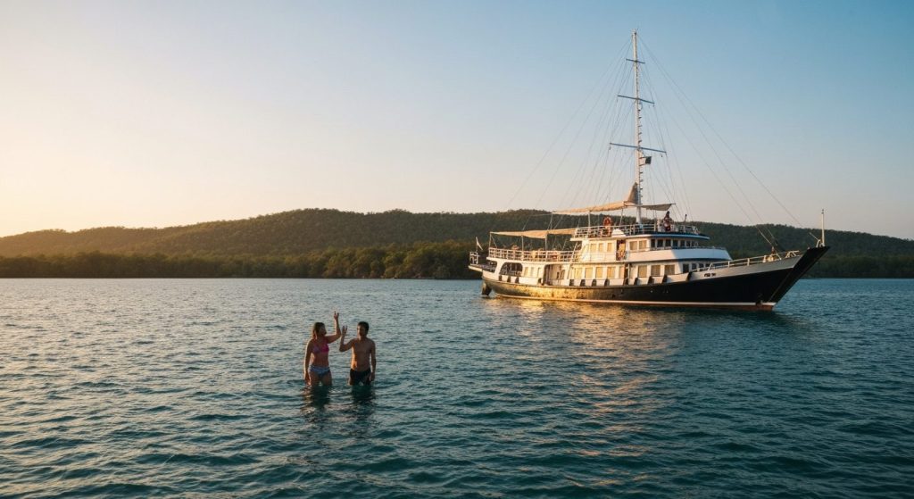 is phinisi komodo suitable for toddlers and babies safety concerns — Photorealistic editorial travel photograph relevant