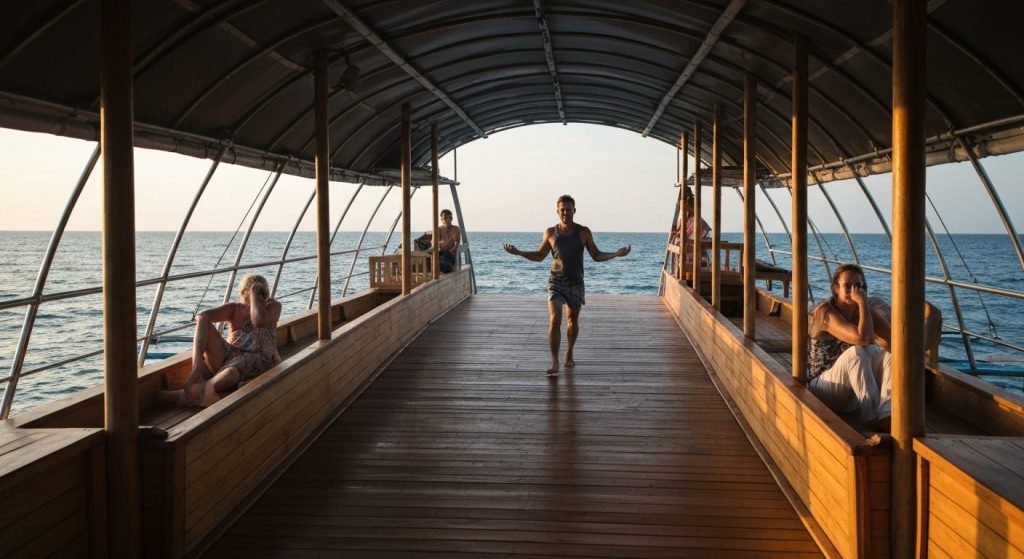 are toilets and showers clean on komodo phinisi boats — Photorealistic editorial travel photograph relevant to: The exac