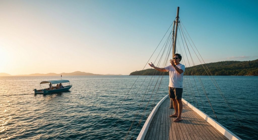 komodo phinisi open trip shared cabin booking — Photorealistic editorial travel photograph relevant to: The exact-match