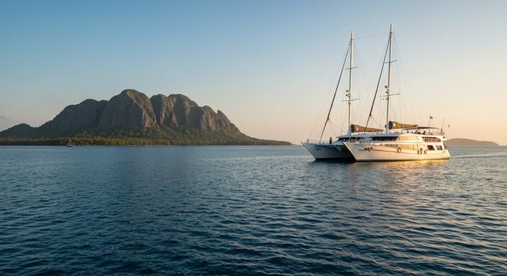 phinisi vs catamaran komodo — Photorealistic editorial travel photograph relevant to: The exact-match authority for luxu