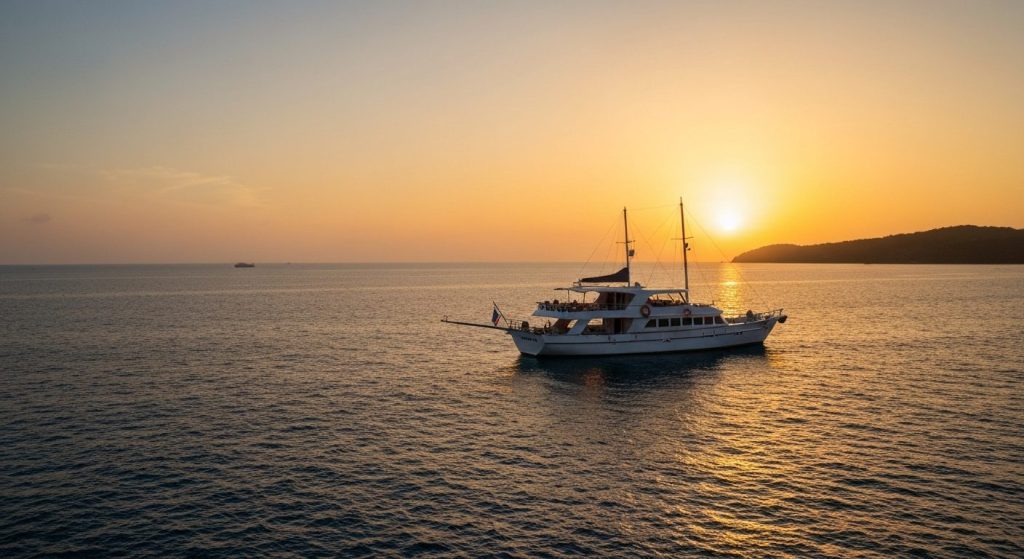 luxury phinisi photography package sunset golden hour — Photorealistic editorial travel photograph relevant to: The exac