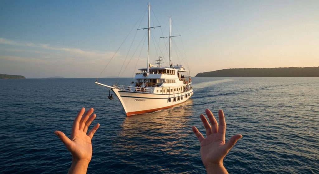 does phinisi komodo cruise make you seasick how rough is the sea — Photorealistic editorial travel photograph relevant t