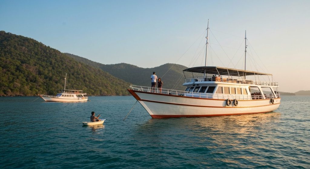 how to verify a komodo phinisi charter company is legal and registered — Photorealistic editorial travel photograph rele