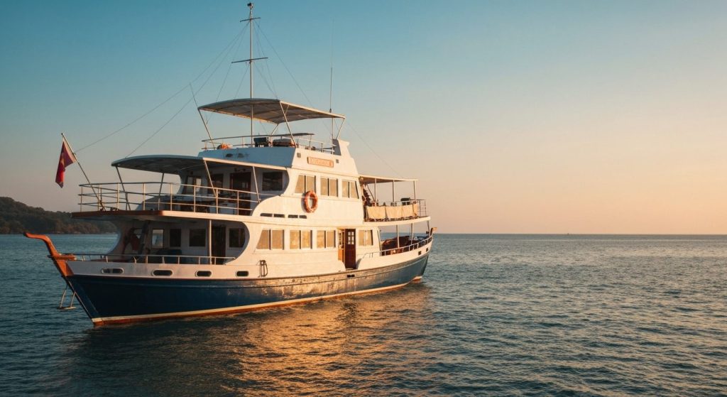 komodo phinisi charter cancellation policy weather and force majeure — Photorealistic editorial travel photograph releva