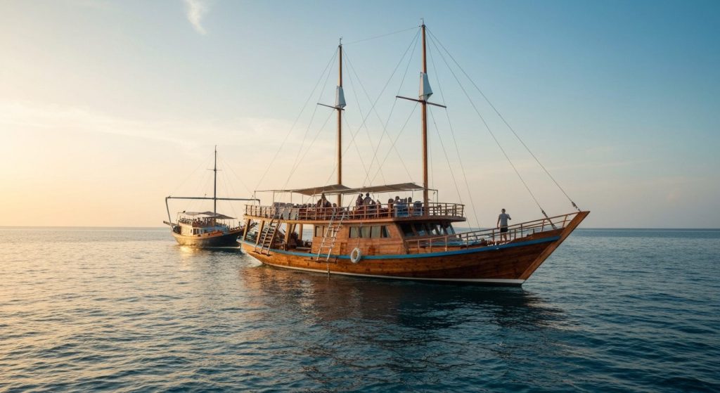 what is a phinisi boat traditional wooden yacht — Photorealistic editorial travel photograph relevant to: The exact-matc